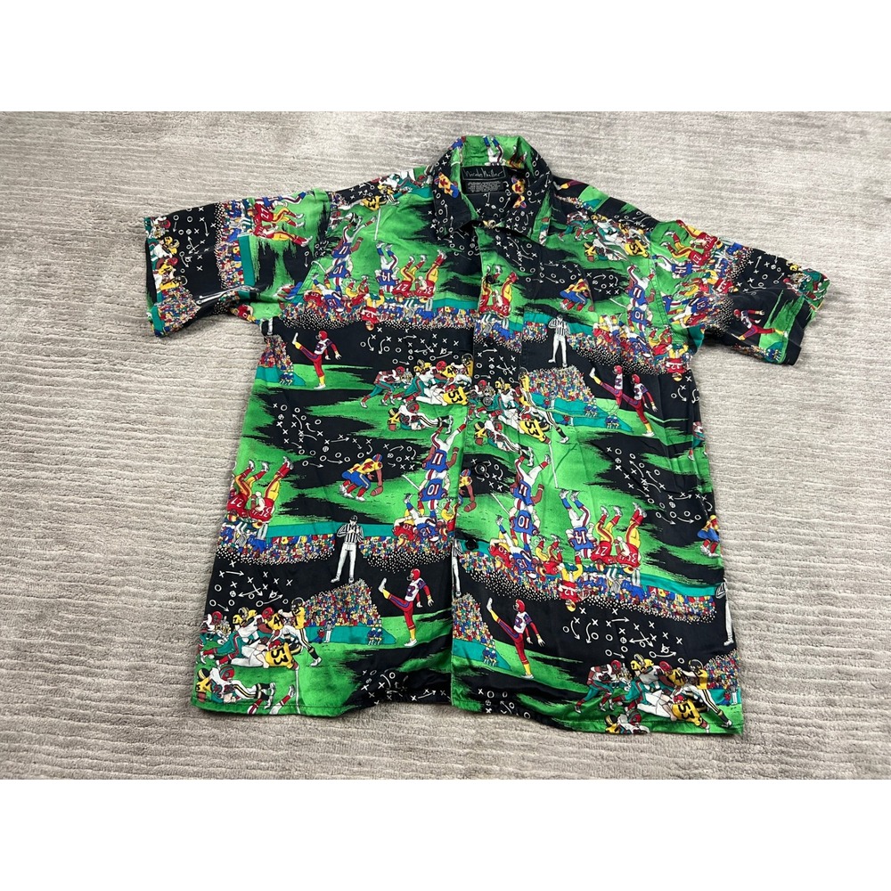 Nicole Miller Shirt Mens S Green 1991 Vintage Silk Football Stadium Print Button